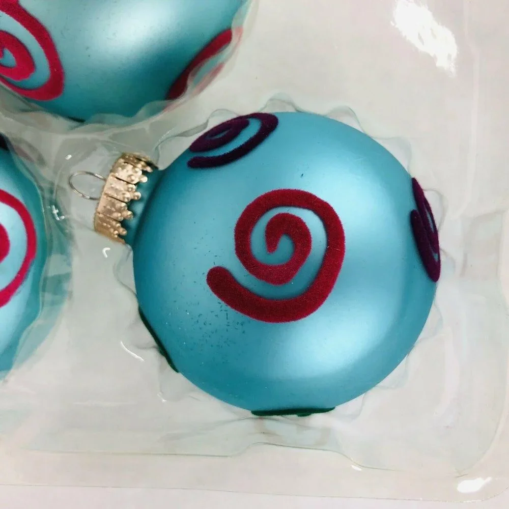 Christmas By Krebs‎ Glass Ornaments Turquoise Blue With Flock Design 4 In Box